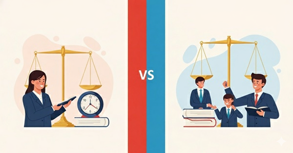 国際紛争における仲裁と調停の違いを象徴する画像。天秤や会議室、議論する弁護士などが描かれ、法的な比較を視覚的に表現しています。