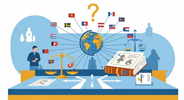 国際相続と法律の選択の複雑さを象徴するコンセプチュアルアート。地球儀、各国の国旗、法律の天秤、岐路などが描かれている。