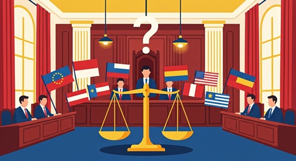 国際相続における裁判管轄の問題をテーマにしたコンセプトアート。地球儀、複数の国旗、法律の天秤、裁判所が描かれ、どの国の法律が適用されるかという複雑な決定を象徴しています。