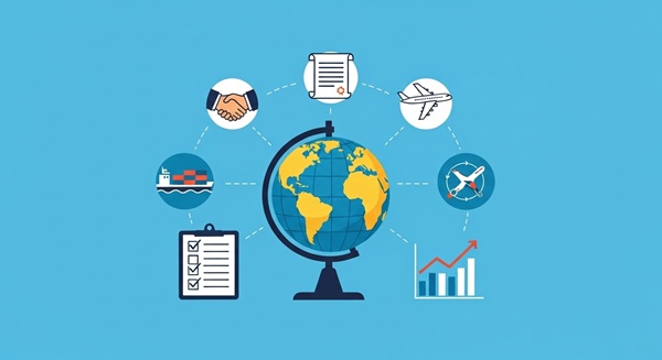 国際売買取引の4つのポイントを象徴するビジネスコンセプトのイラスト。地球儀、握手、契約書、グラフなどが描かれ、グローバルな取引と信頼感を表現している。