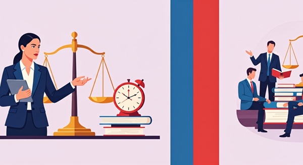 弁護士が、管轄条項と仲裁条項の違いについて、契約書や天秤のアイコンを使って解説しているプロフェッショナルな雰囲気のイラスト。