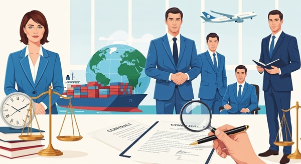 インコタームズの条項が記載された契約書とペン、そして「注意点」を象徴する虫眼鏡が置かれ、背景には国際貿易を示す地球儀やコンテナ船が描かれているビジネスイメージ。