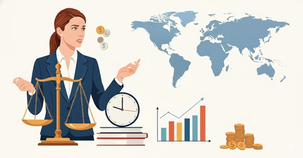 海外への売掛金回収の方法と費用を象徴する概念的な画像。請求書、世界地図、法律の天秤、電卓などが描かれている。