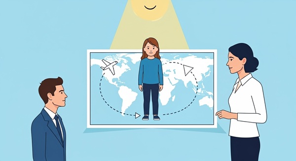 子供が元々住んでいた国（元の居住国）に帰るという原則を象徴する画像。世界地図の上で、一方の国からもう一方の国へ向かう矢印や飛行機、そして再会を待つ家族が描かれている。