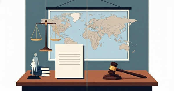 ハーグ条約に基づく子の返還申立てを象徴する法的なイメージ。裁判所の小槌、法律文書、分離された親子、世界地図などが描かれている。