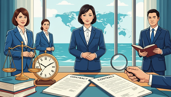 ICCの迅速仲裁に出頭し、真剣に議論するスーツ姿の弁護士と仲裁人たち。