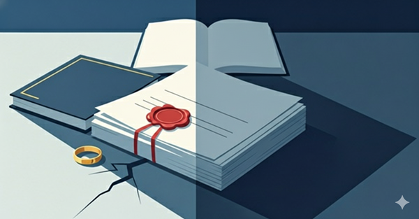 日本の離婚届、判子、壊れた結婚指輪、法律書が置かれ、財産分与や法的手続きを象徴する画像。