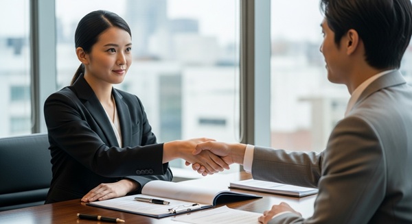 近代的なオフィスで弁護士がクライアントと顧問契約を結び、信頼の握手をしている真剣な風景