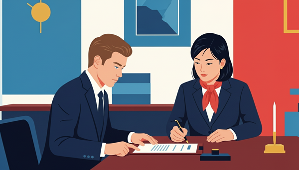 A foreigner creating a will in Japan. A professional scene showing consultation with a legal expert across a desk and signing legal documents.