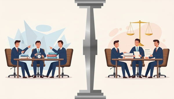 独占禁止法や下請法に基づく価格交渉、優越的地位の濫用を象徴する抽象的な天秤のイメージ。ビジネスにおける法務とコンプライアンスの緊張感を表現。