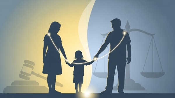 離婚後の共同親権導入、法改正、家族の未来における希望と不確実性を抽象的に表現したデジタルアート。手を繋ぐ親子のシルエットと分かれる道。