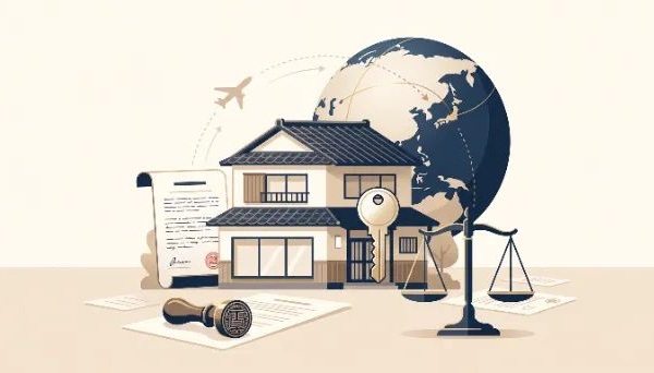 外国居住の相続人が国内不動産を売却する実務をテーマにしたコンセプトアート。日本の住宅、地球儀、法律の天秤、公証の印章が描かれ、海外から行う不動産売却の手続を象徴しています。