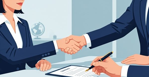 国際契約における免責条項（インデムニフィケーション条項）の重要性を示す、契約書に署名するビジネスパーソンのイメージ。