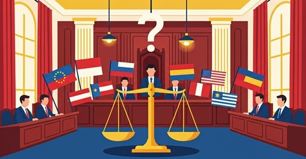 国際相続における裁判管轄の問題をテーマにしたコンセプトアート。地球儀、複数の国旗、法律の天秤、裁判所が描かれ、どの国の法律が適用されるかという複雑な決定を象徴しています。