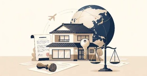 外国居住の相続人が国内不動産を売却する実務をテーマにしたコンセプトアート。日本の住宅、地球儀、法律の天秤、公証の印章が描かれ、海外から行う不動産売却の手続を象徴しています。